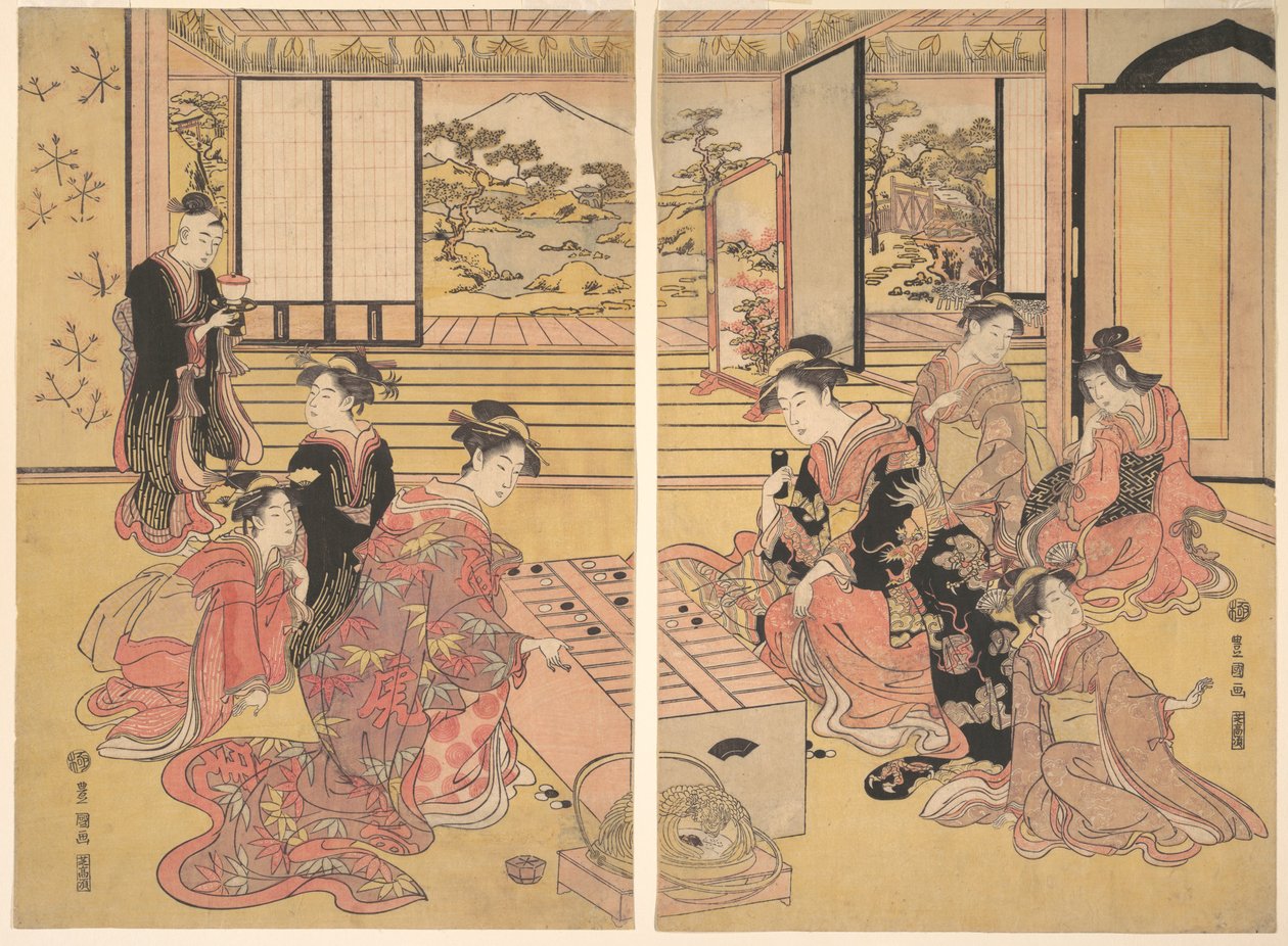 Två unga kvinnor som spelar Sugoroku. av Utagawa Toyokuni I