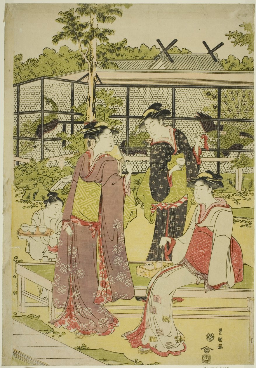 Kvinnor som besöker fågel- och blomtehuset (Kachojaya) av Utagawa Toyokuni I