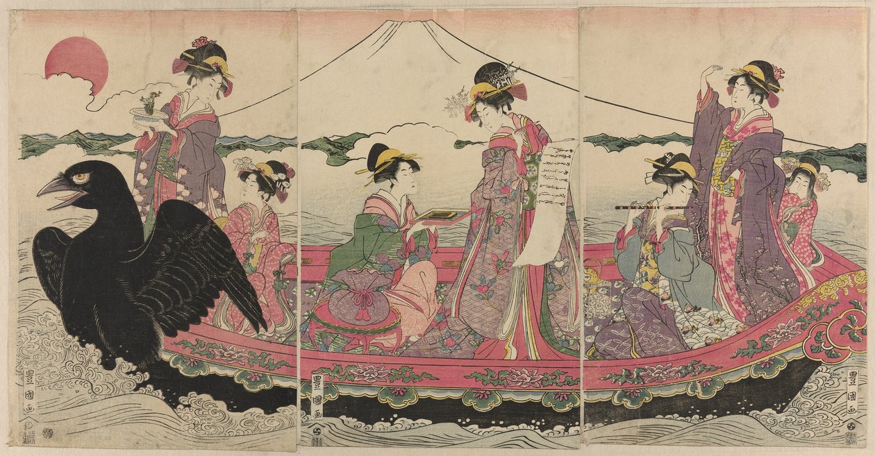 Kvinnor på en båt vid nyår som imiterar de sju lyckans gudar av Utagawa Toyokuni I