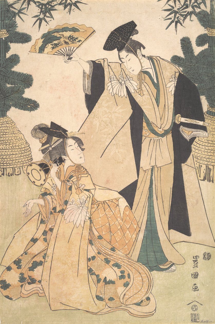 Ung dam med trumma och man med fläkt som hälsar henne. av Utagawa Toyokuni I