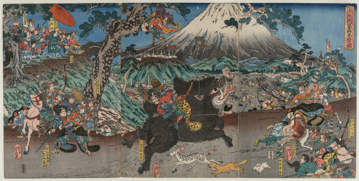 Bild på Minamoto no Yoritomos jakt på berget Fujis sluttningar av Utagawa Yoshifuji