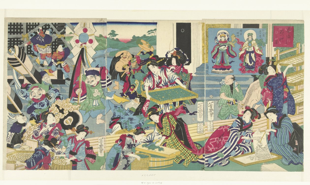 De sju lyckliga gudarna i silkesodling av Utagawa Yoshiiku
