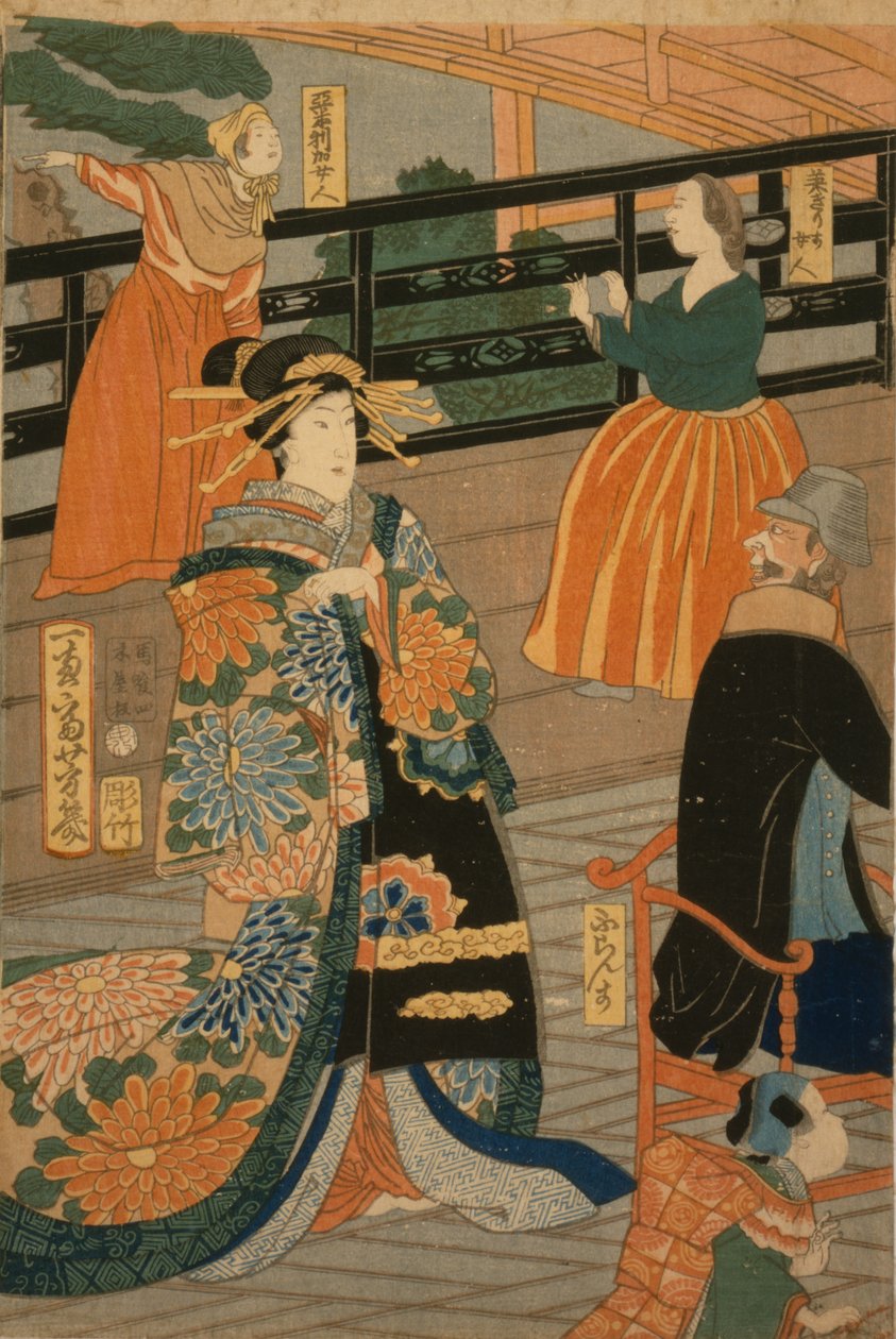 Besökare från flera nationer njuter av en fest i Fan Room of the Gankir?, 1860 av Utagawa Yoshiiku