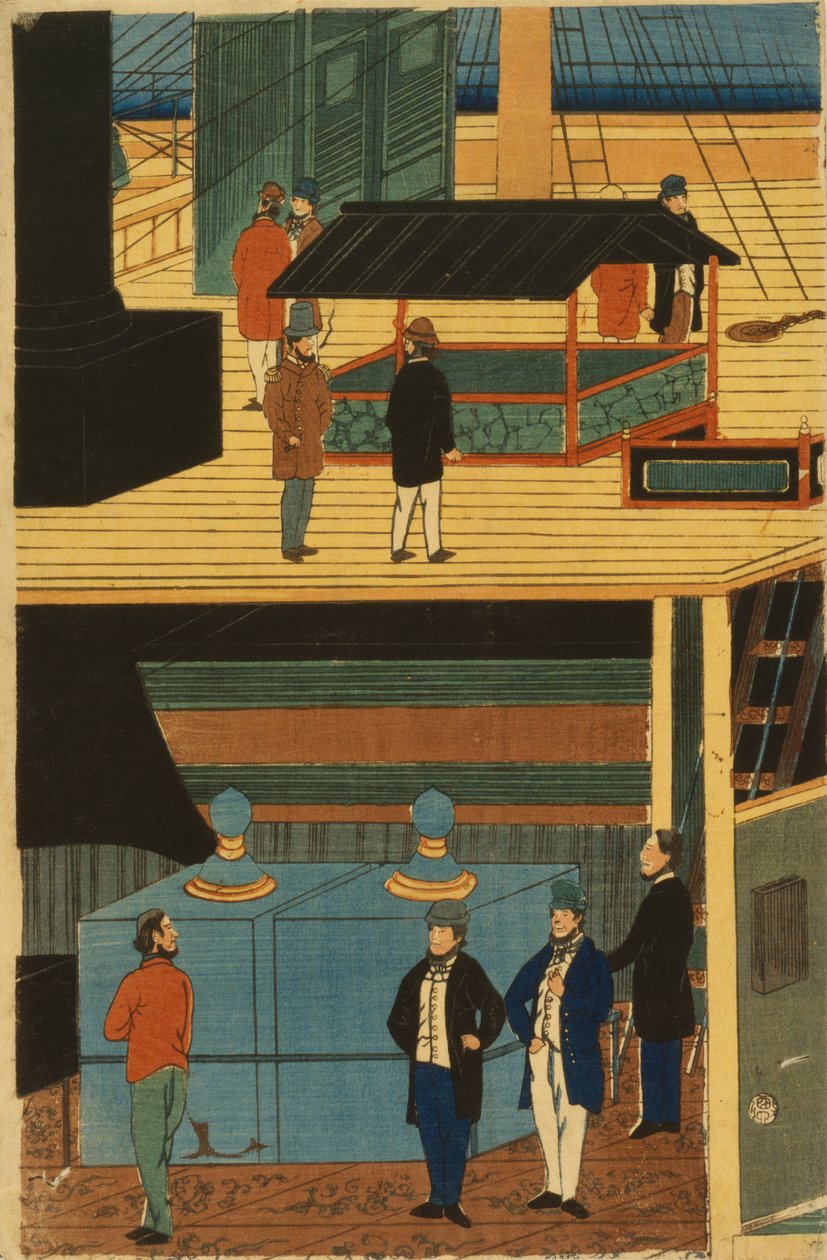Ett amerikanskt ångfartyg med en grupp passagerare under däck och aktiviteter på däck av Utagawa Yoshikazu