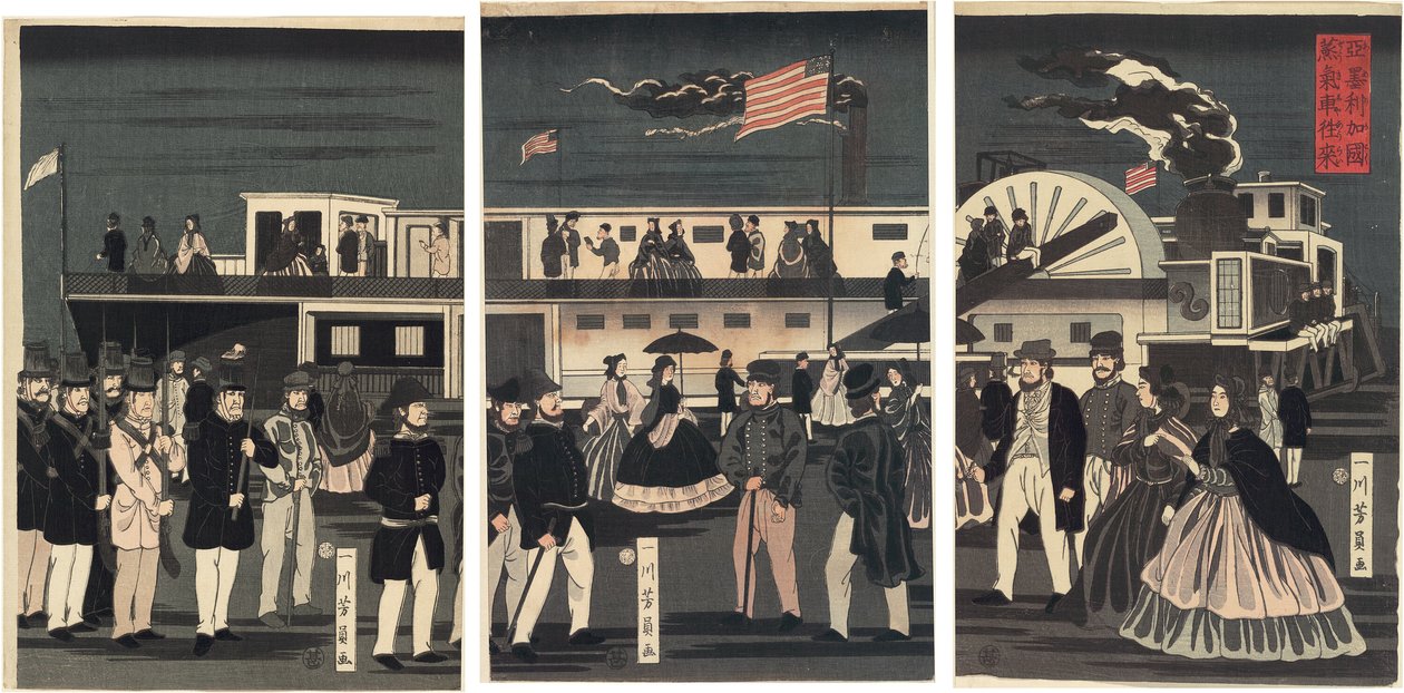 Ankomst och avgång av ett amerikanskt ångfartyg (Amerikakoku jokisha orai) av Utagawa Yoshikazu