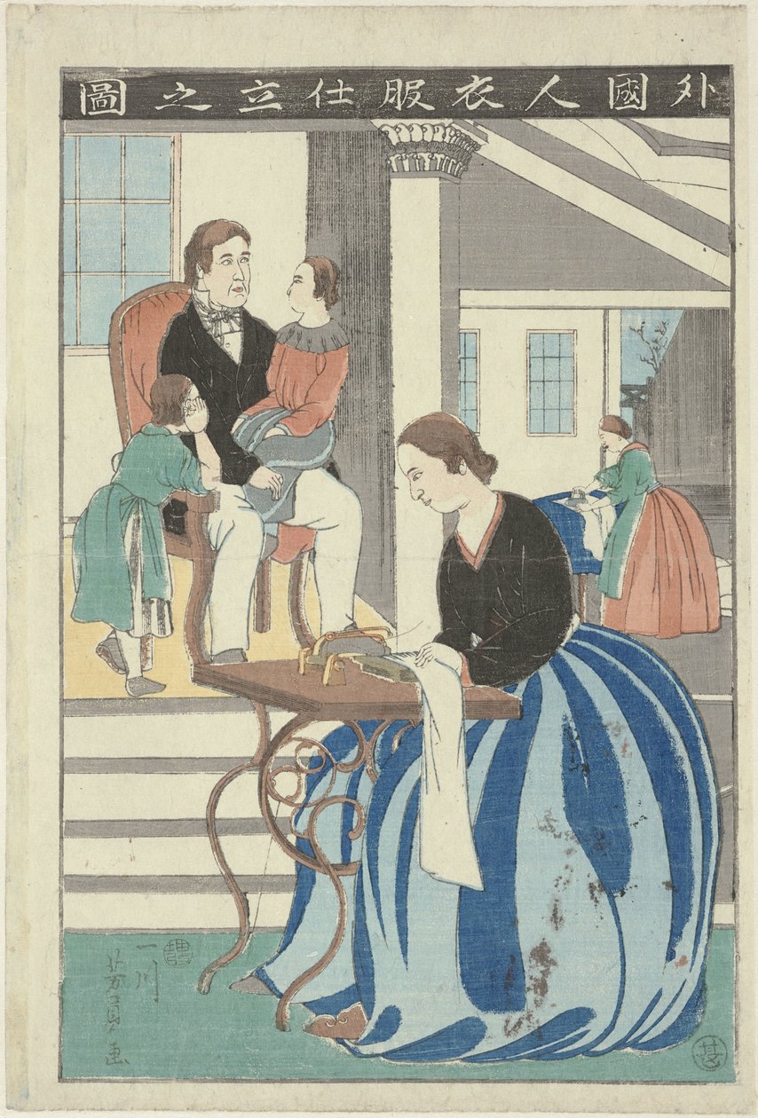 Västerländsk kvinna bakom en symaskin Gaikokujin ifuku shitate no zu (titel på objekt) Bild av en utlänning som gör kläder av Utagawa Yoshikazu