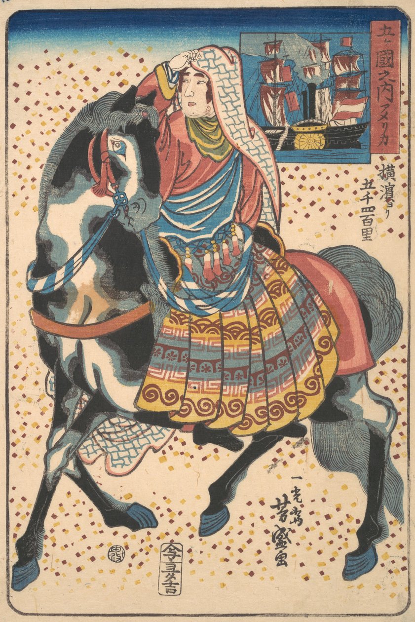 Mounted American Woman, 12:e månaden, 1860. av Utagawa Yoshimori