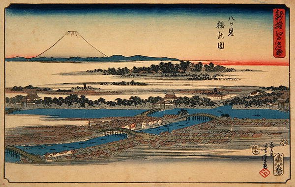 Bild av Eight-View Bridge, från serien "Newly-selected Famous Place in Edo" (Nyligen utvald berömd plats i Edo) av Utagawa Yoshimori