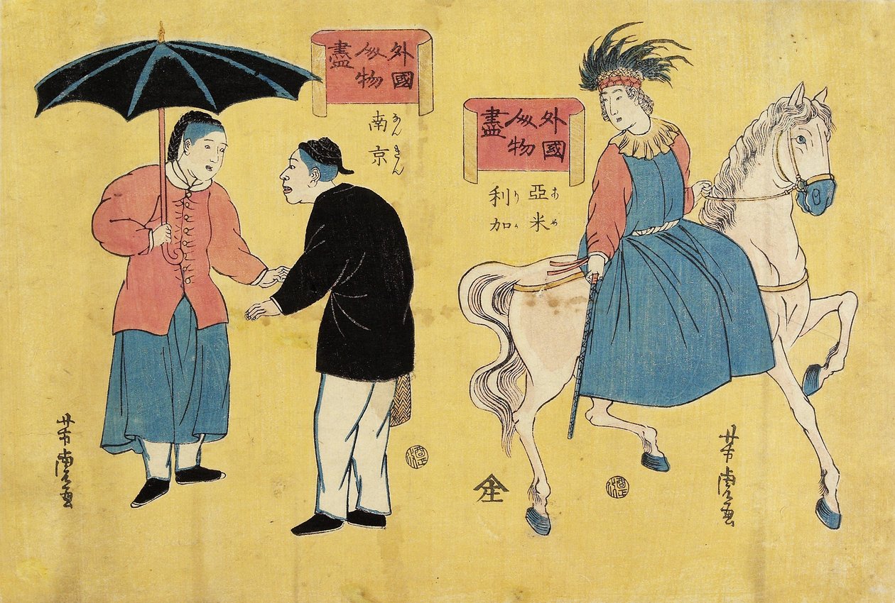 Amerikanska (höger), kinesiska män (vänster) av Utagawa Yoshitora