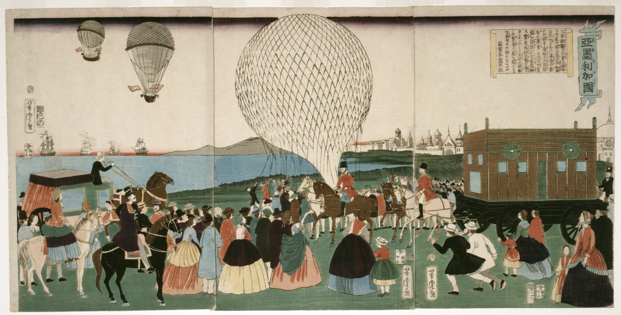 Ballongflygning i Amerika, pub. 1865 (handfärgat träsnitt) av Utagawa Yoshitora
