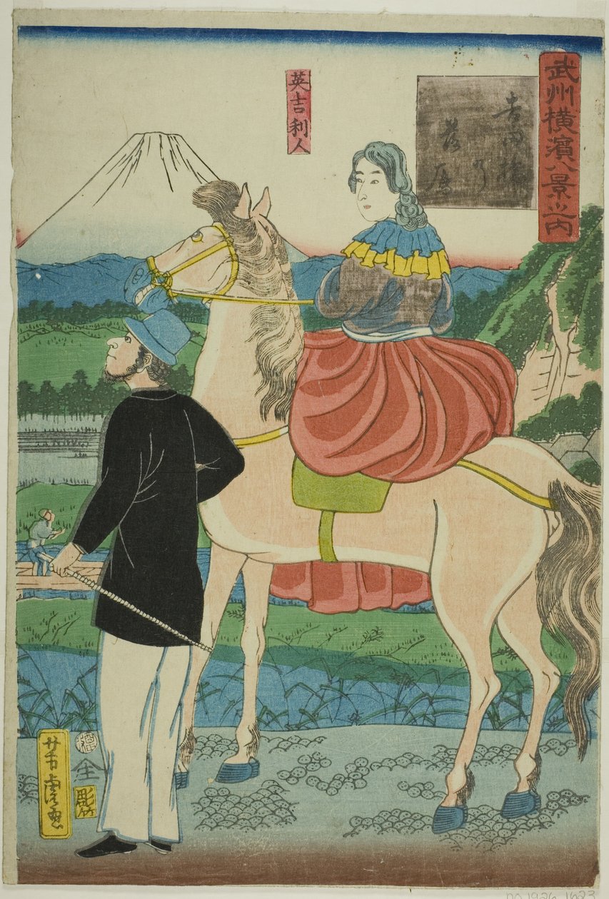 English Watching Descending Geese at Yoshida Bridge (Yoshida-bashi no rakugan, Igirisujin) , från serien "Eight Views of Yokohama in Musashino Province (Bushu Yokohama hakkei no uchi)" av Utagawa Yoshitora