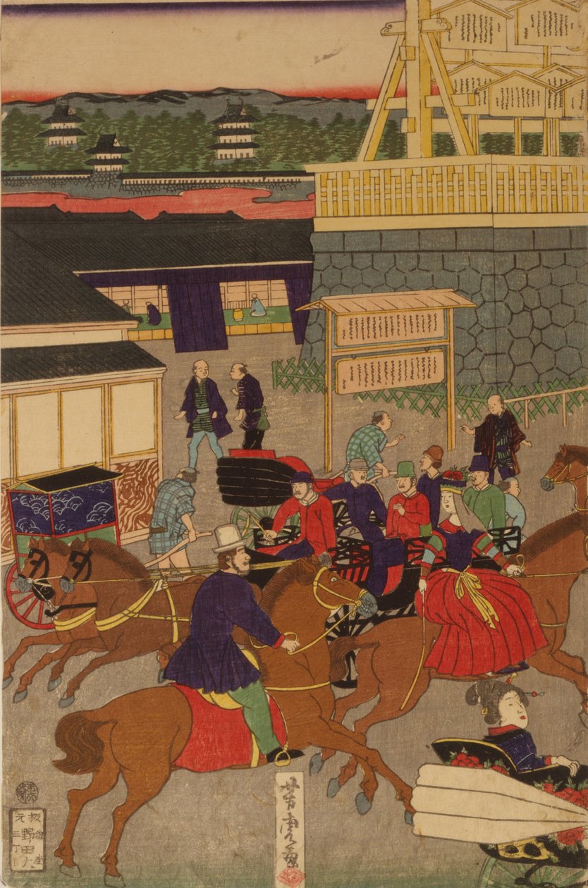 F ぉ Säljer ny g Nihonbashi set c Marktemperatur f och stanna. Toi Nihonbashi version Engelsk figur T teori ptych av Utagawa Yoshitora