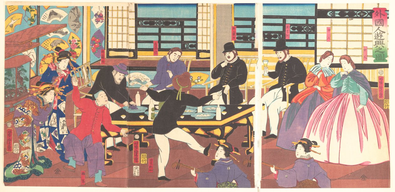Utlänningar som åtnjuter en fest, 1:a månaden, 1861. av Utagawa Yoshitora