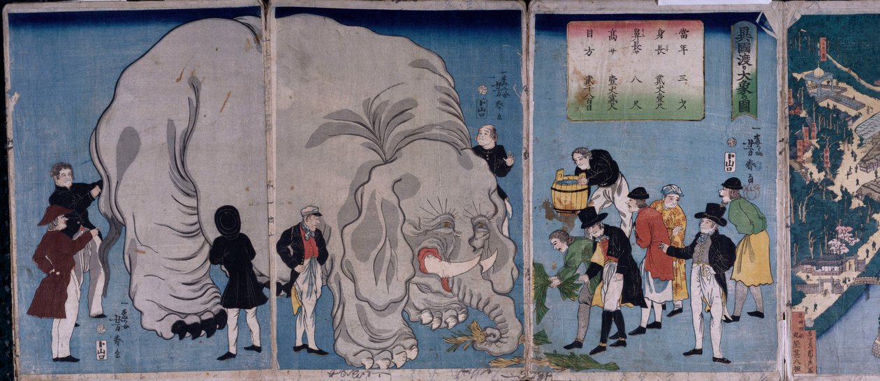 Utlänningar med en elefant (trätryck i färg) av Utagawa Yoshitora