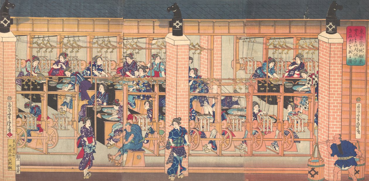 Importerad silkesupprullningsmaskin vid Tsukiji i Tokyo, 4:e månaden, 1872. av Utagawa Yoshitora
