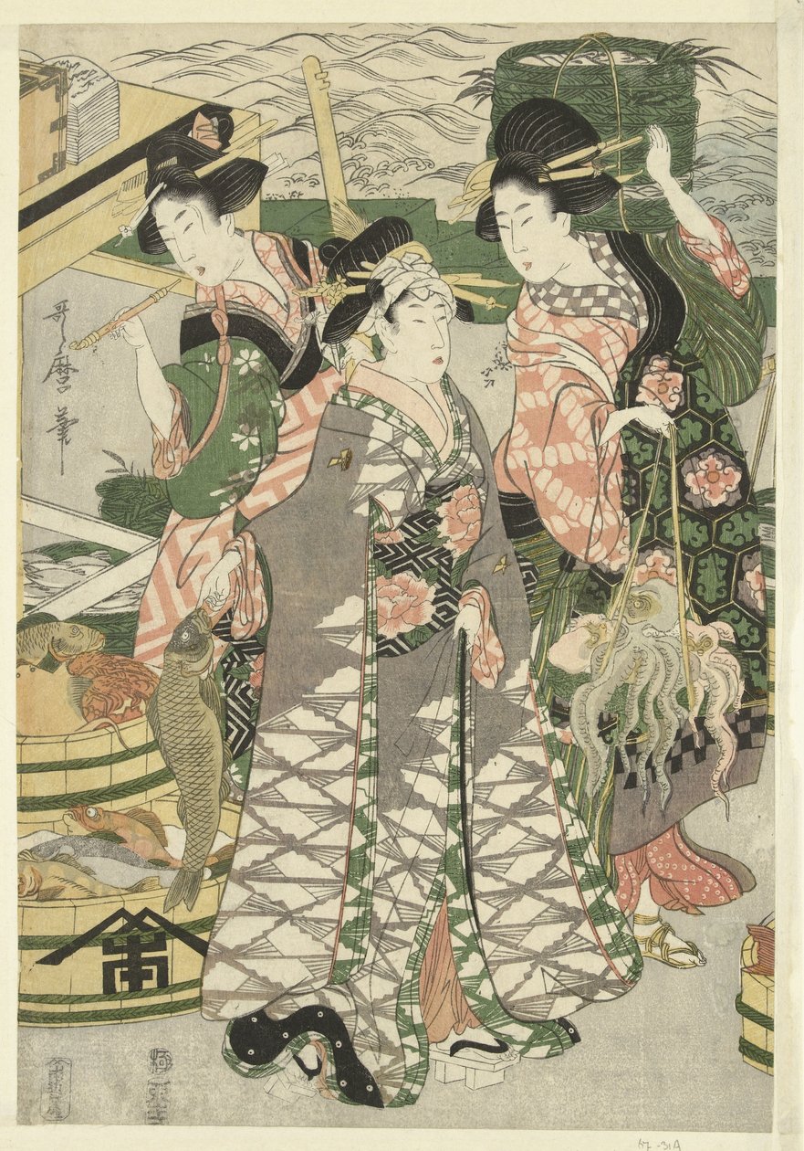 Utsikt över fiskmarknaden på stranden i Shiba [Shiba] no ura uoichi no zu av Utamaro (II) , Kitagawa
