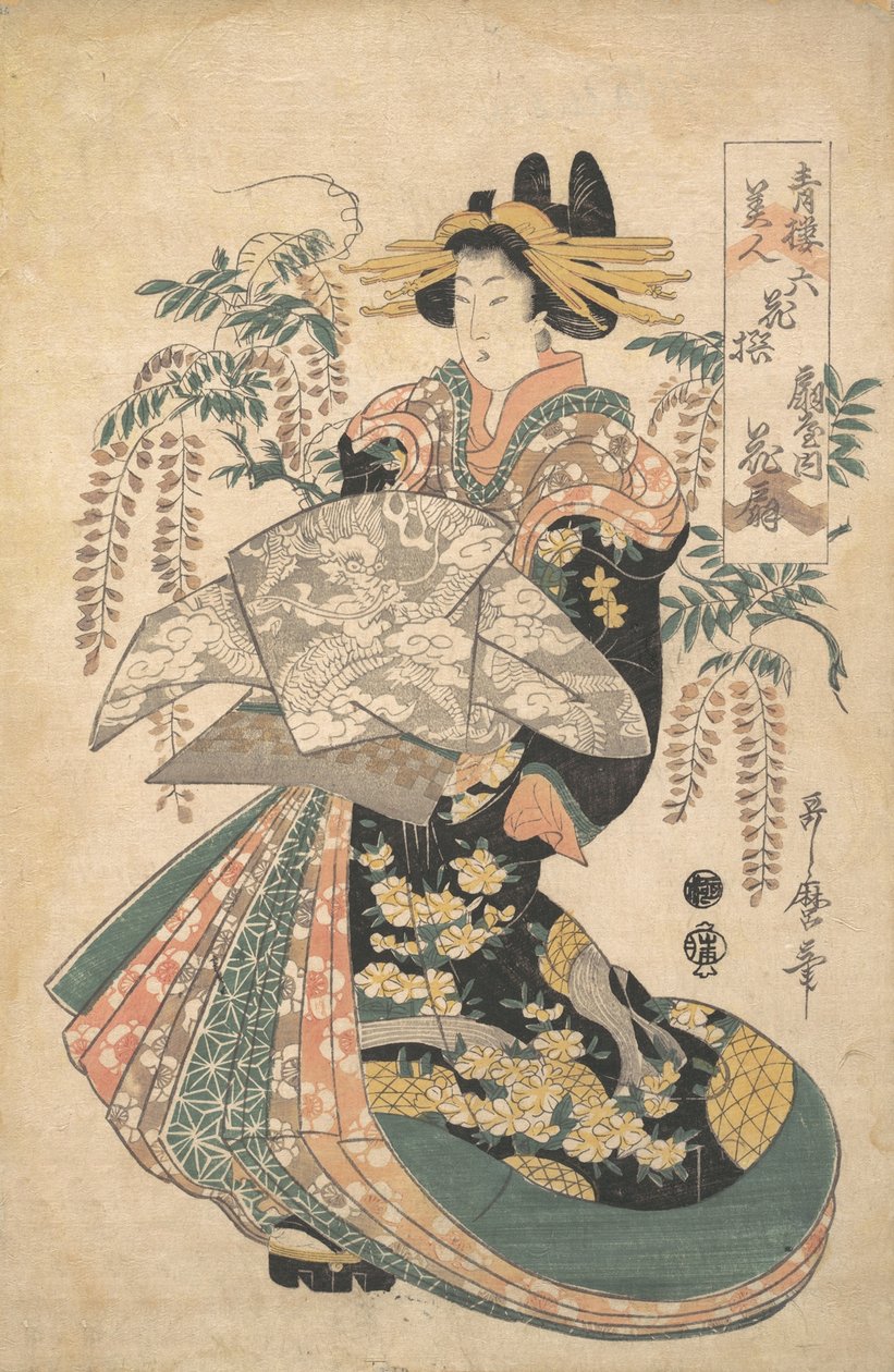 En kurtisan med Wisteria i bakgrunden. av Utamaro II