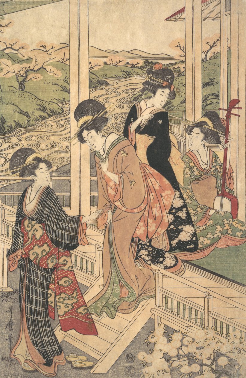 Grupp kvinnor på Engawa i ett hus på landet, under körsbärsblomningens tid,..., ca. 1806. av Utamaro II