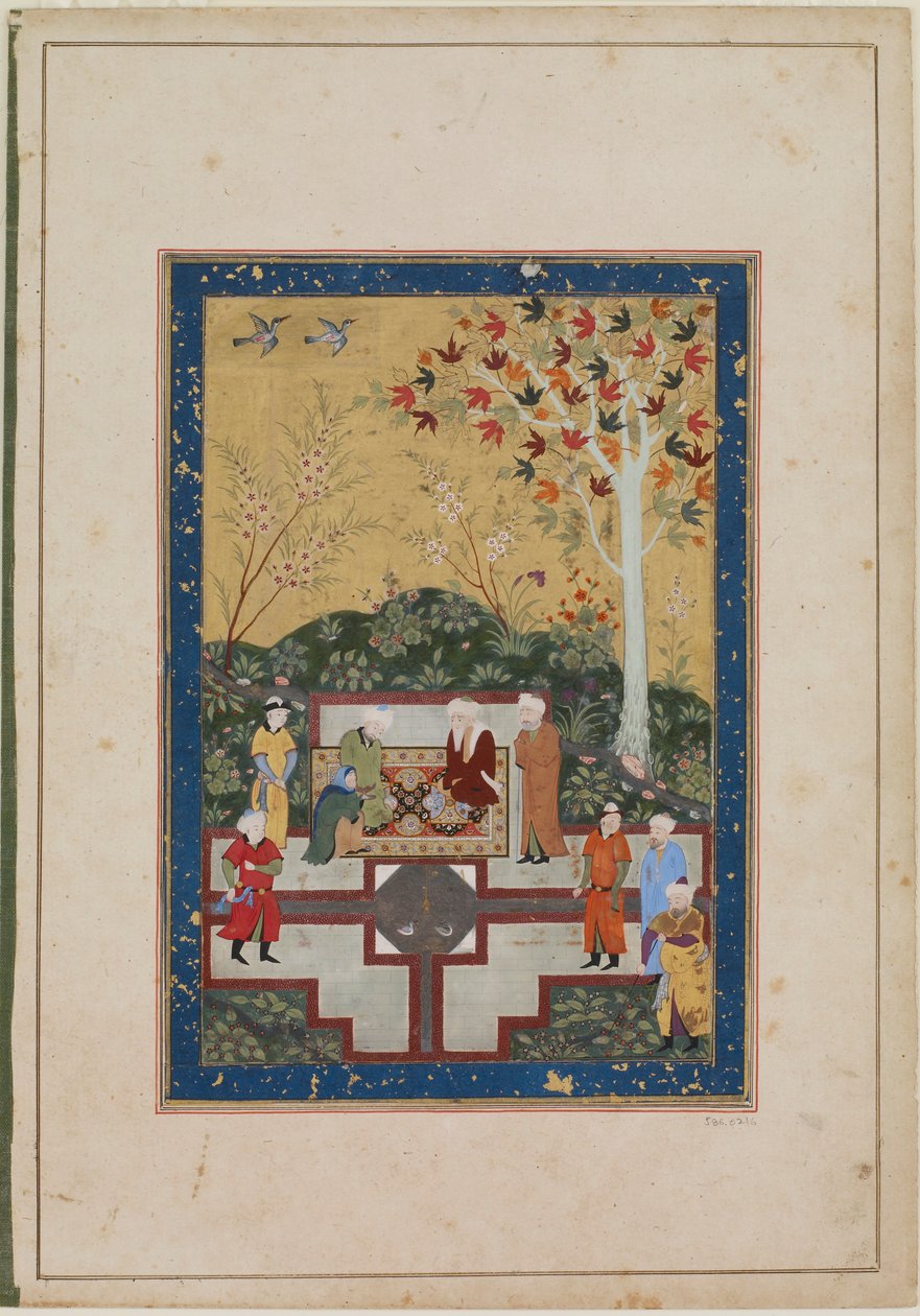 En gammal kvinna och två män, ca 1520-30 (bläck, ogenomskinlig akvarell & guld på papper) av Uzbek School