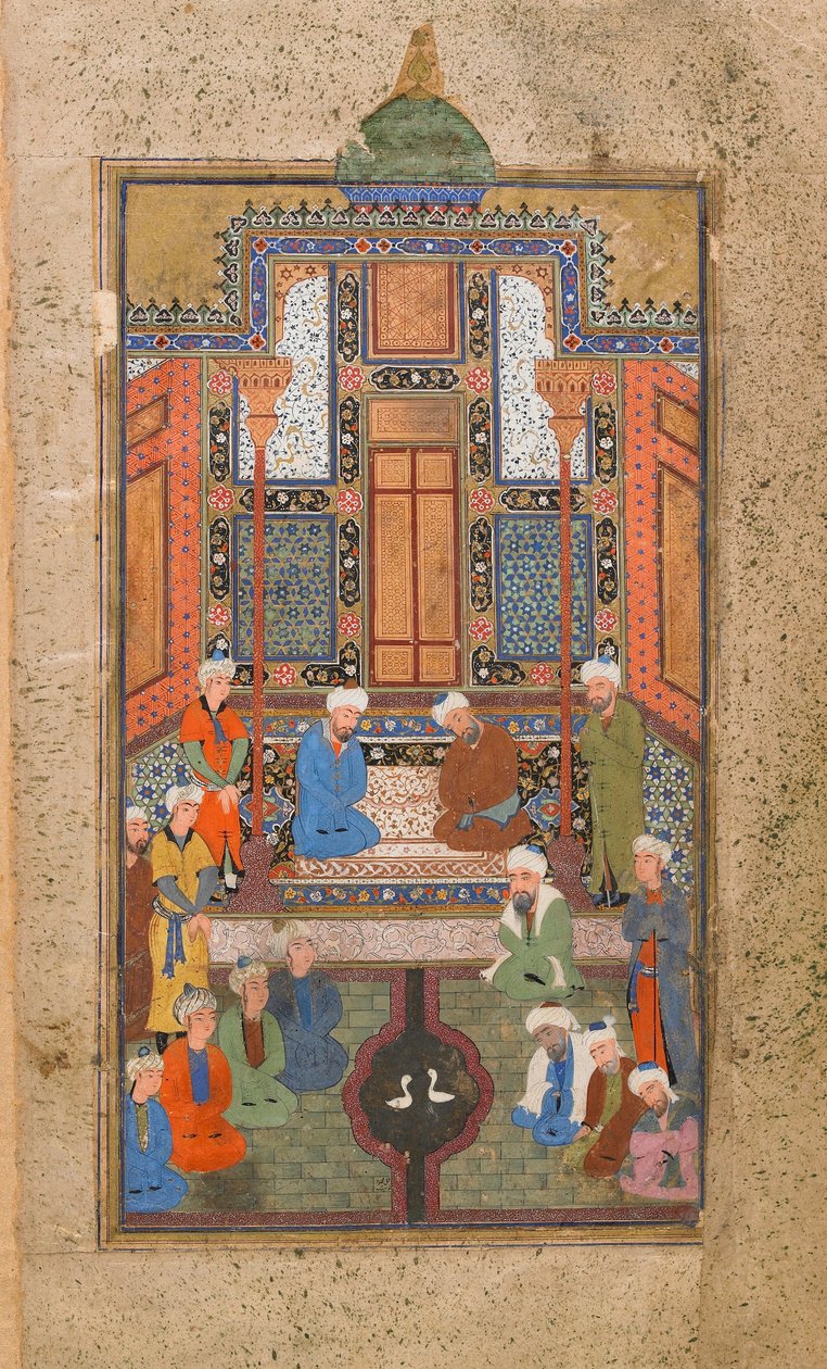 Palatsscen i en Tuhfat al-Ahrar (de frias gåva) Bukhara, Uzbekistan, uzbekisk period, ca 1540 (ogenomskinlig akvarell, bläck och guld på papper) av Uzbek School