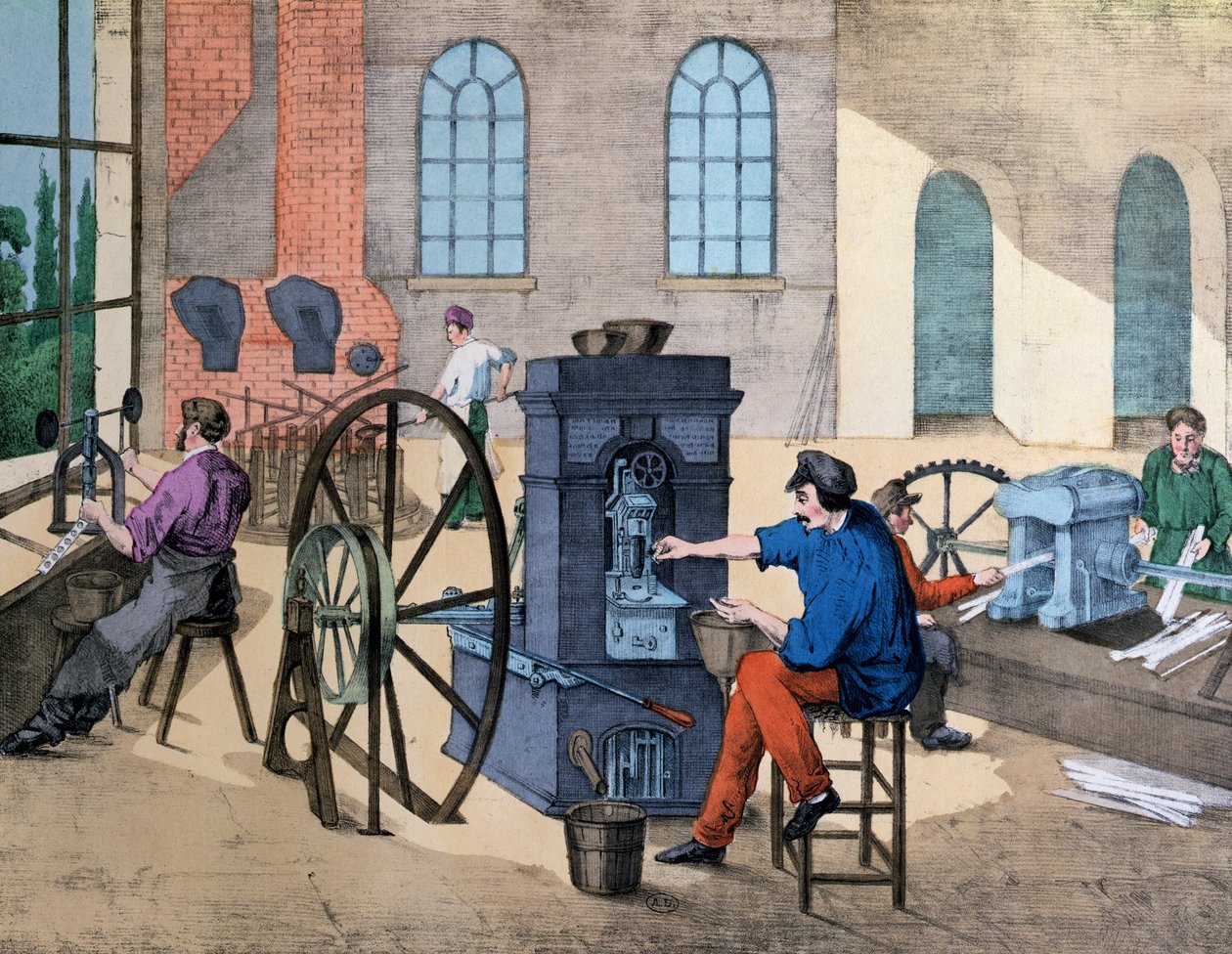 Arbetarstrejkpengar i Monnaie de Paris, skylt 9 från en lärobok om industrier och jobb, publicerad ca 1860 av V. Janson