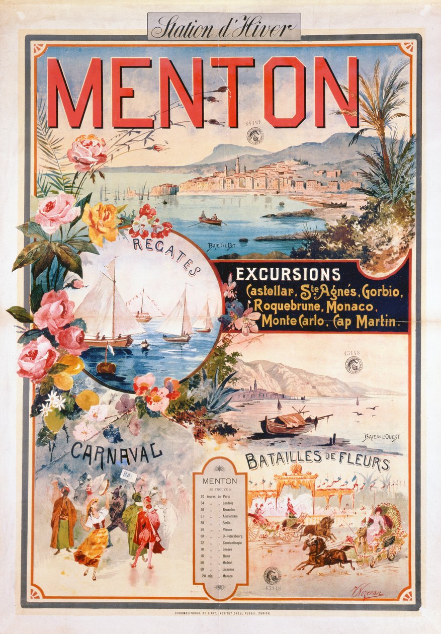 Affisch med reklam för Menton som vinterort (kromolit) av V. Nozeran