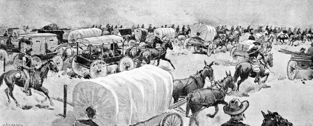 The Grand Rush vid middagstid den 16 september: Ser österut längs South Line of Indian School Reserve, 1893 av V. Perard