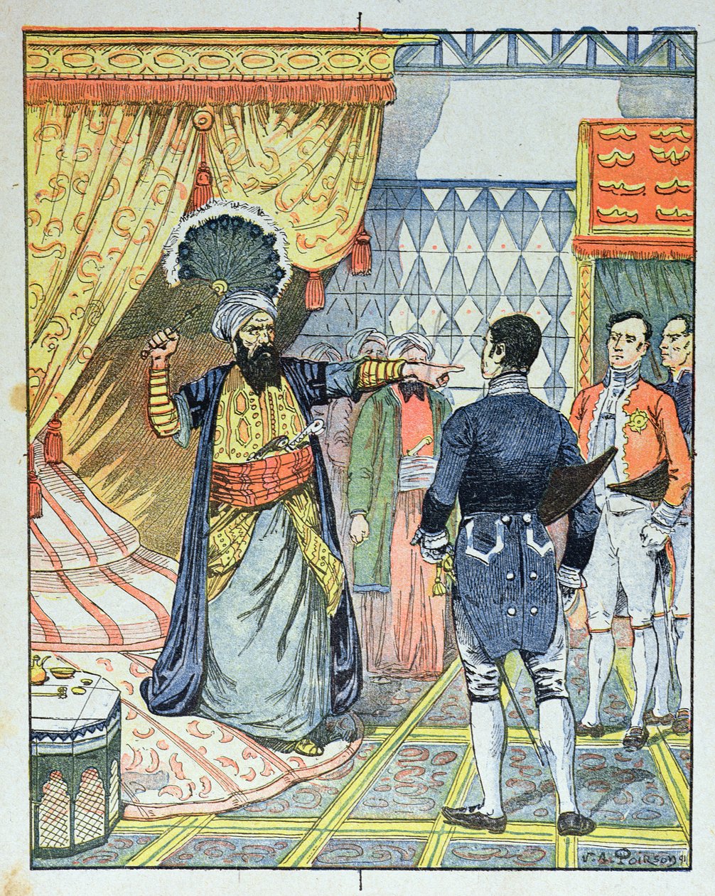 The Dey of Algiers, Hussein ibn El Hussein slår den franska ambassadören M. Deval med ett fan, 27 april 1827, omslaget till en skolbok, 1891 av Victor Armand Poirson