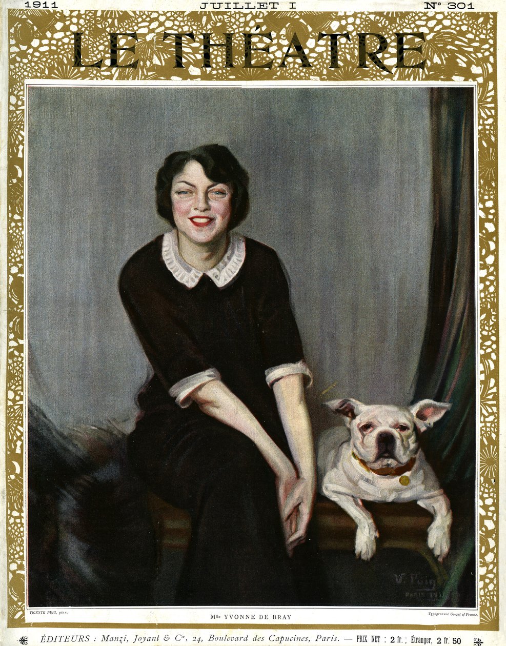 Yvonne De Bray, porträtt med hund av V. (after) Puig