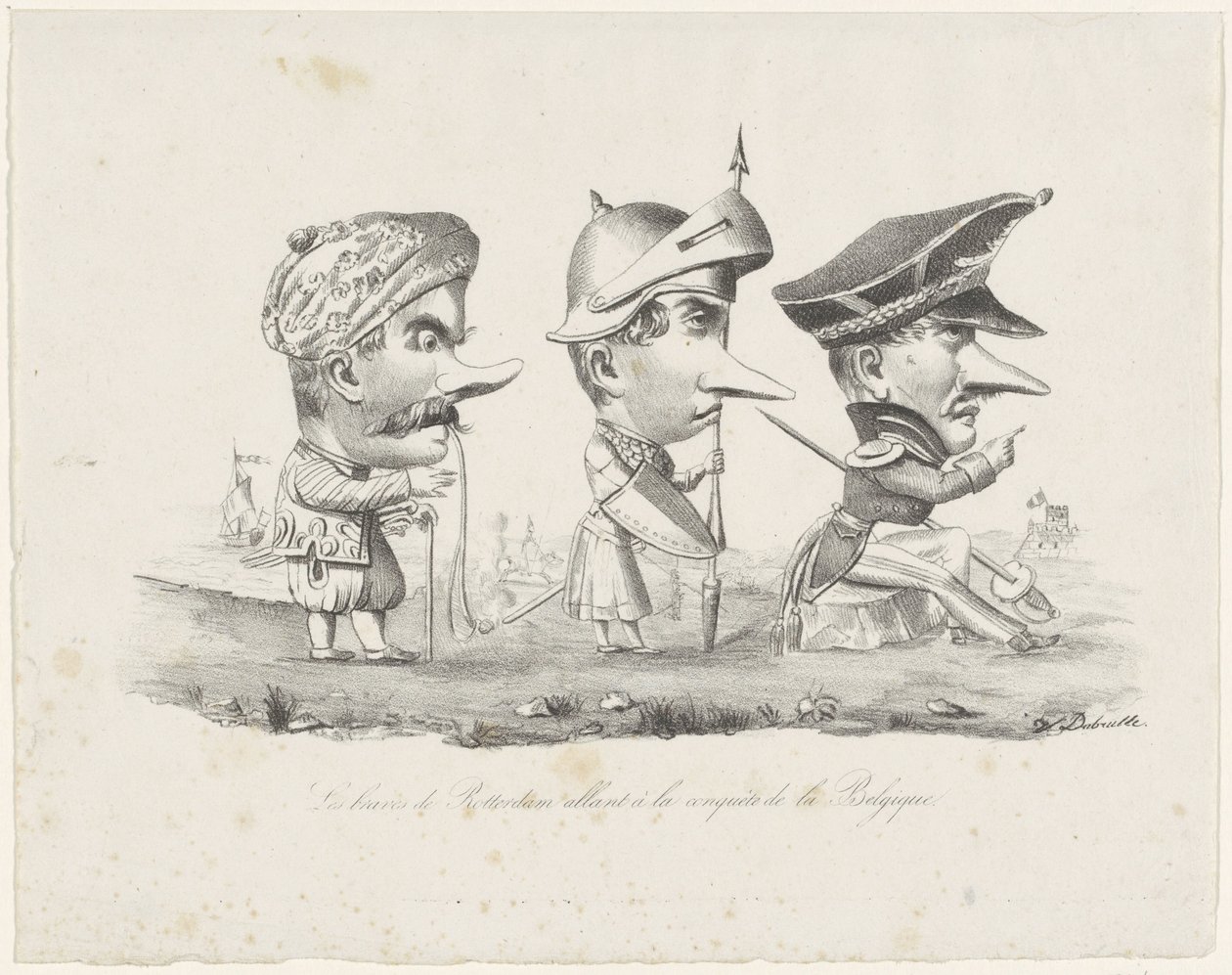 Tecknad film av Rotterdammilisen, 1830 Les braves de Rotterdam allant à la conquête de la Belgique (titel på objekt) av V. Dubrulle