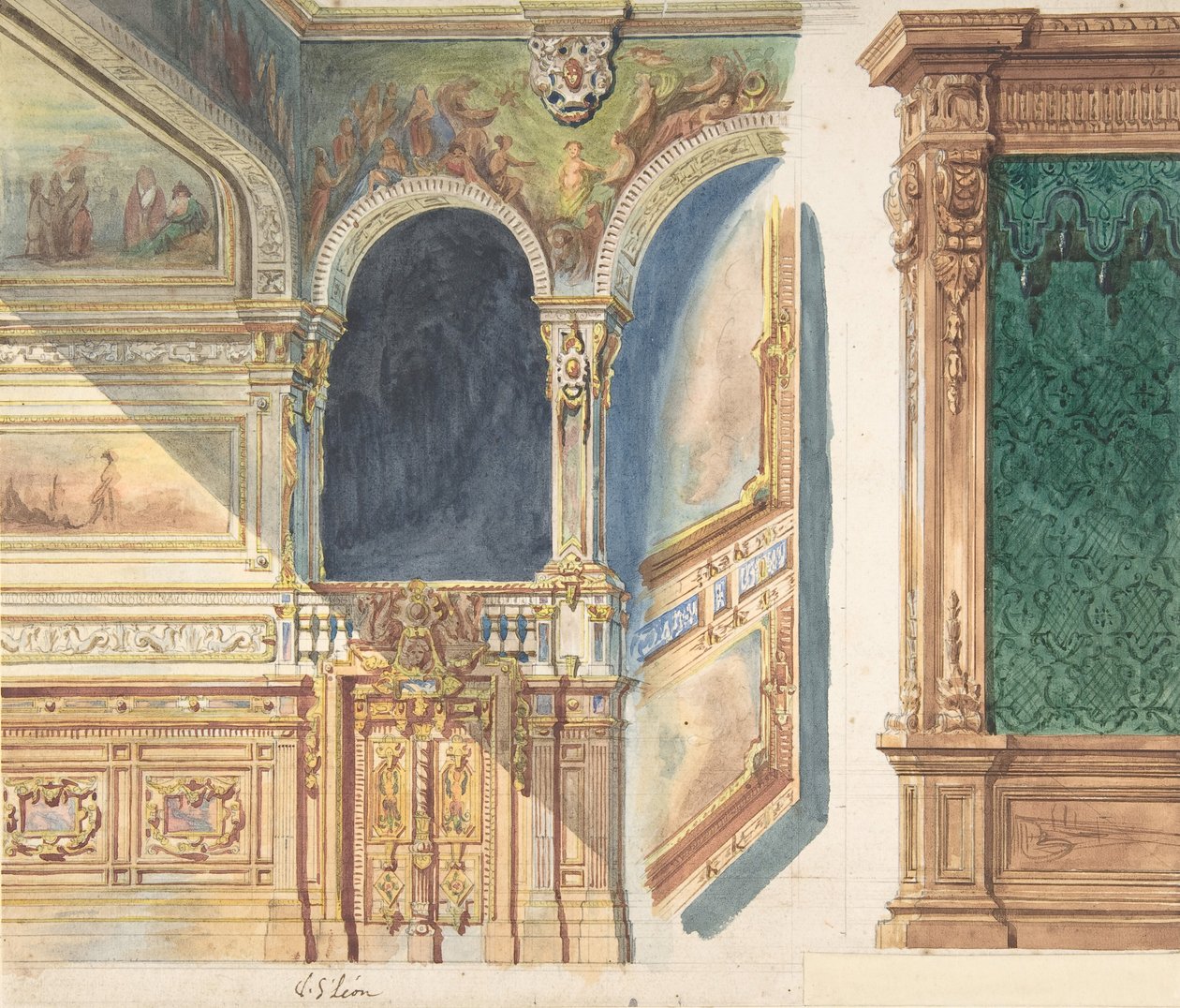 Design för en interiör, eventuellt en teater, ca. 1860-80. av V. S. Léon
