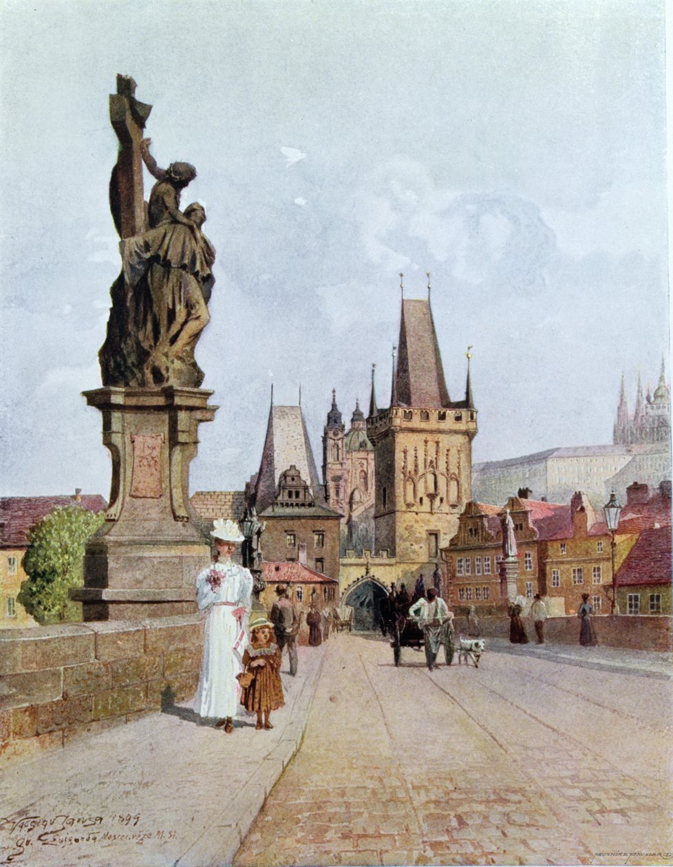 Staty av den heliga Lutgardis på Karlsbron i Prag, illustration från "Stara Praha (Gamla Prag)", omkring 1900. av Vaclav Jansa