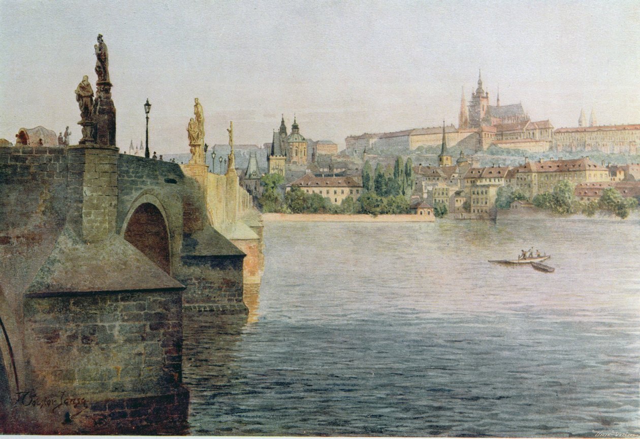 Utsikt över Karlsbron från Krizovnicka Namesti, från Stara Praha (Gamla Prag) omkring 1900 av Vaclav Jansa