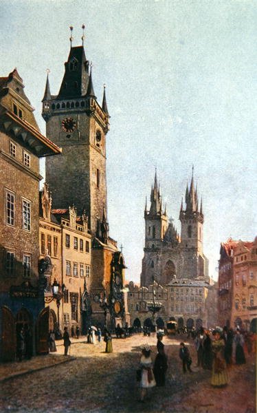Vy över Staromestsky Rynk med stadshuset och Vår Fru-kyrkan före Tyn, från "Stara Praha" (Gamla Prag) ca 1900 (färglitografi) av Vaclav Jansa
