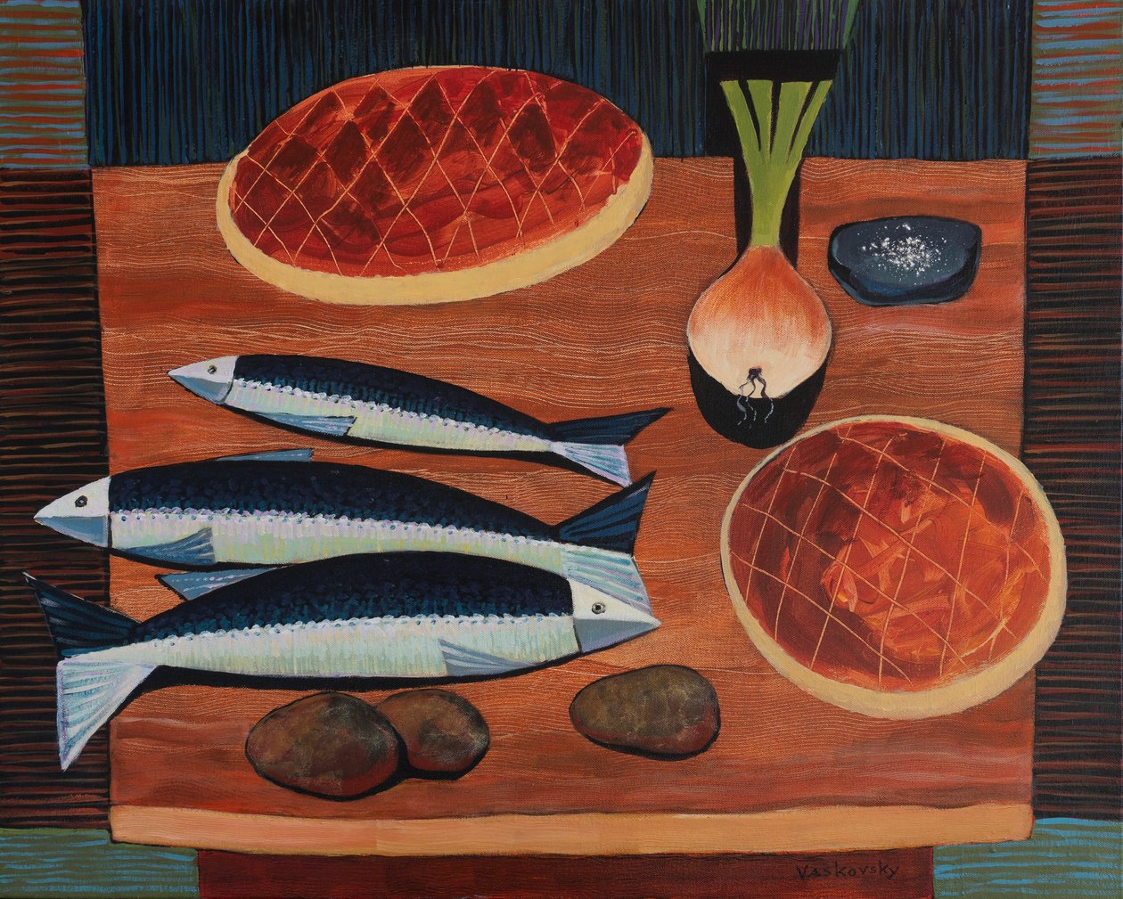 Stilllife With Bread and Fish, 2020 (akryl på duk) av Vadym Vaskovsky
