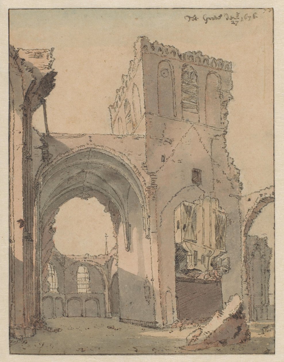 Ruinen av Grote Kerk vid Grave av Valentijn Klotz (attributed to)