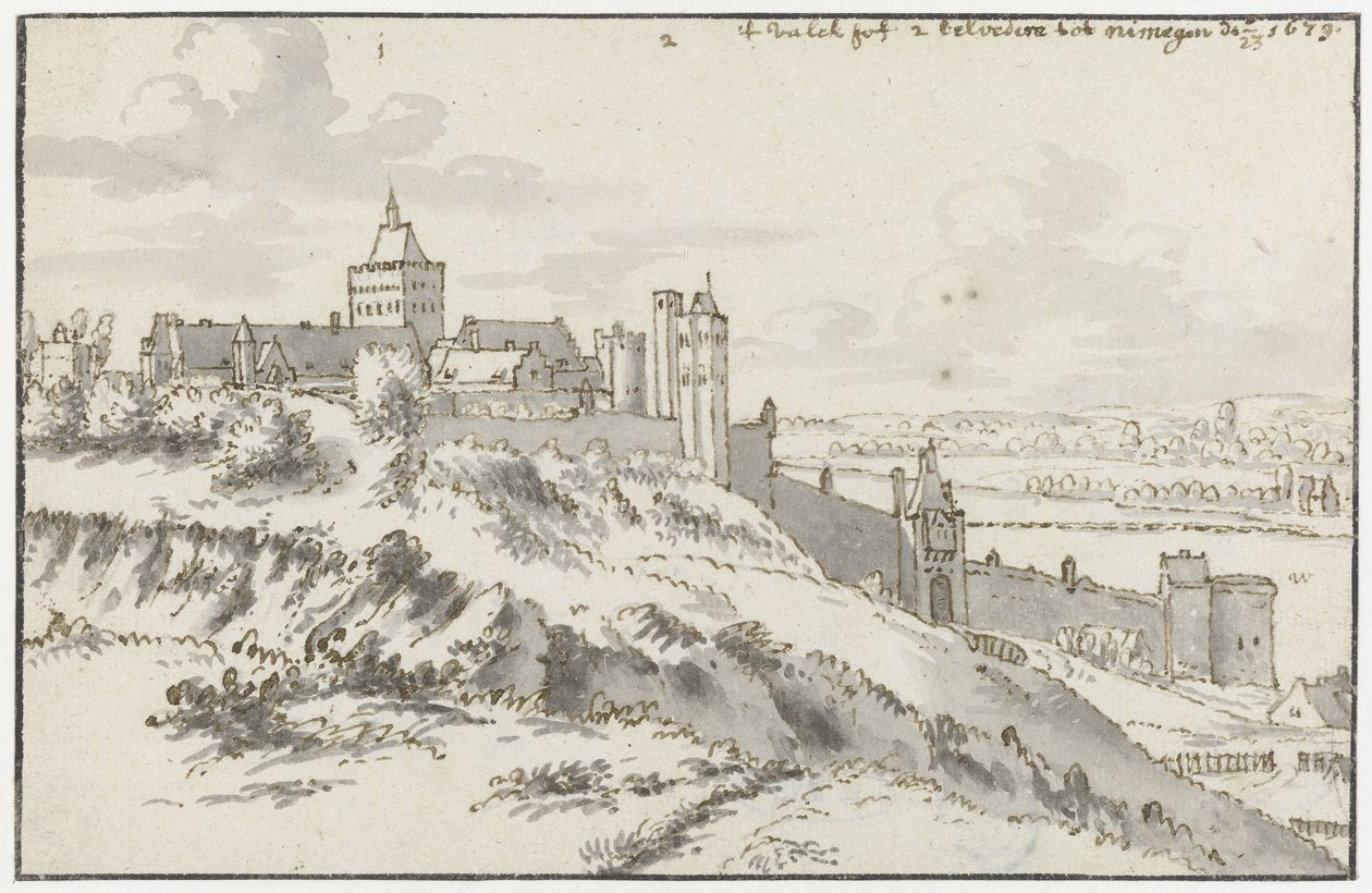 Utsikt över Valkhof och Belvedere i Nijmegen av Valentijn Klotz (possibly)
