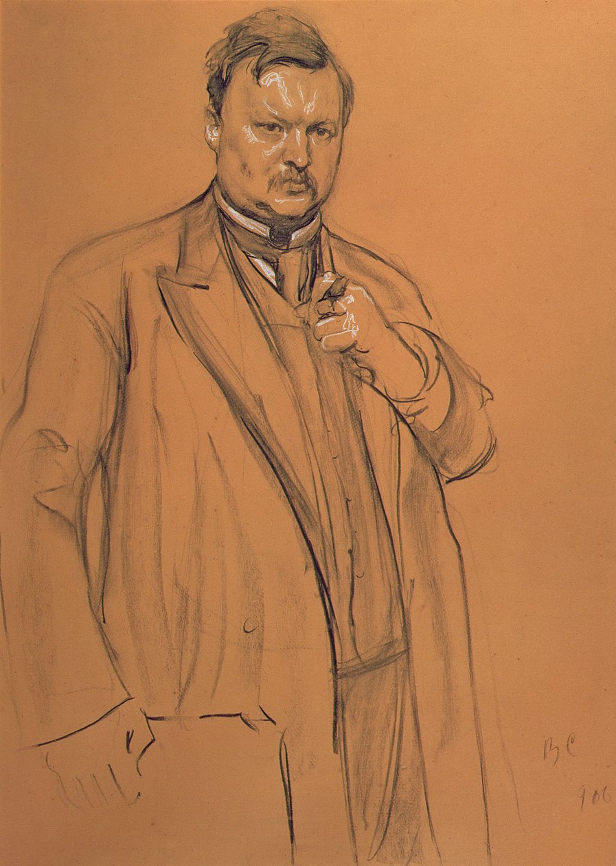 Porträtt av kompositören Alekandr Konstantinovich Glazunov (1865-1936), 1906 (krita och kol på papper) av Valentin Aleksandrovich Serov