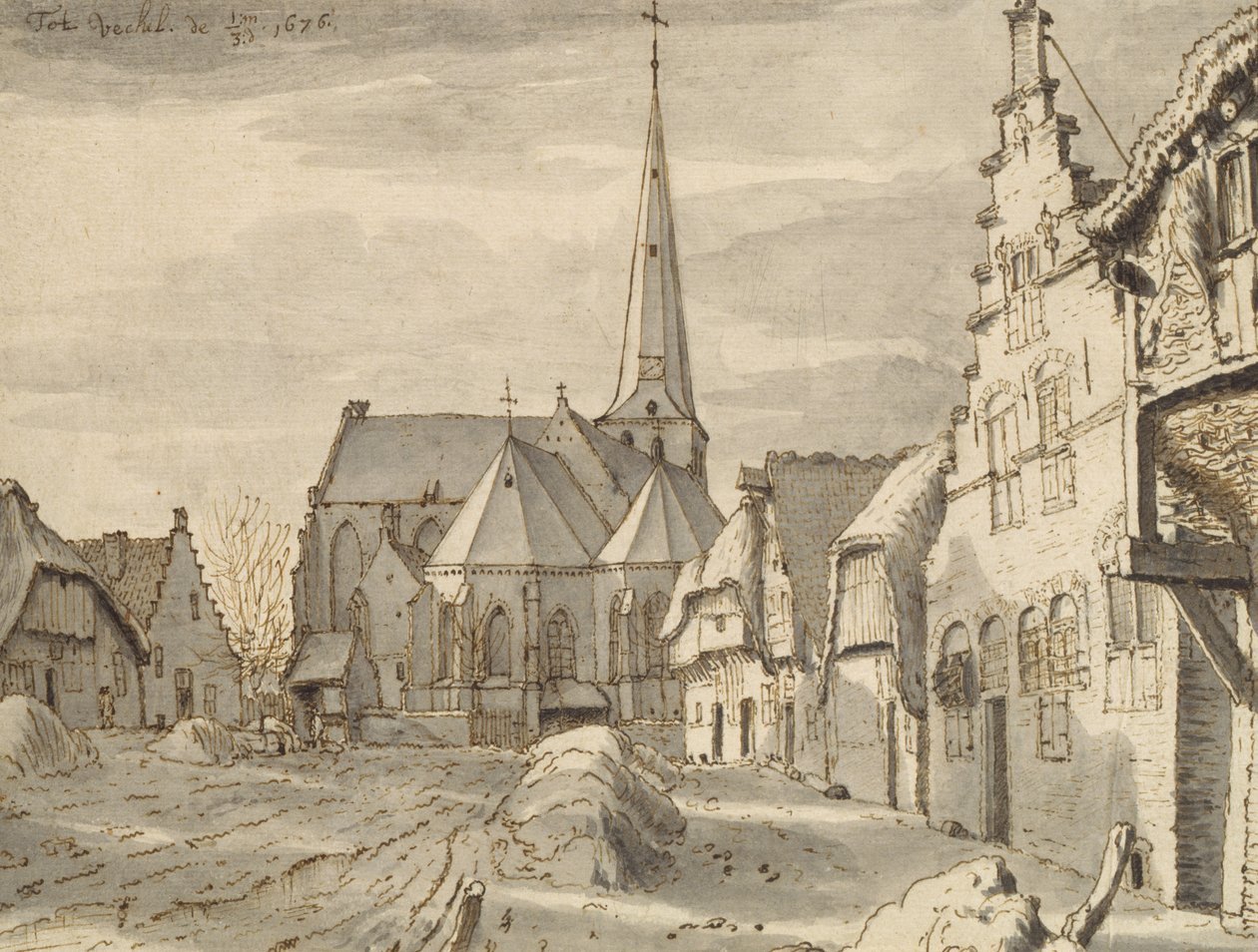 Framför kyrkan i Veghel, 1676 (penna och brunt bläck och grått på papper) av Valentin Klotz