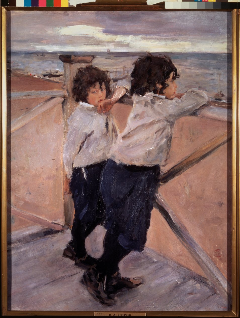 Barn. (Två bröder, på en träponton, framför Östersjön). Målning av Valentin Alexandrovich Serov (1865-1911), olja på duk av Valentin Aleksandrovich Serov