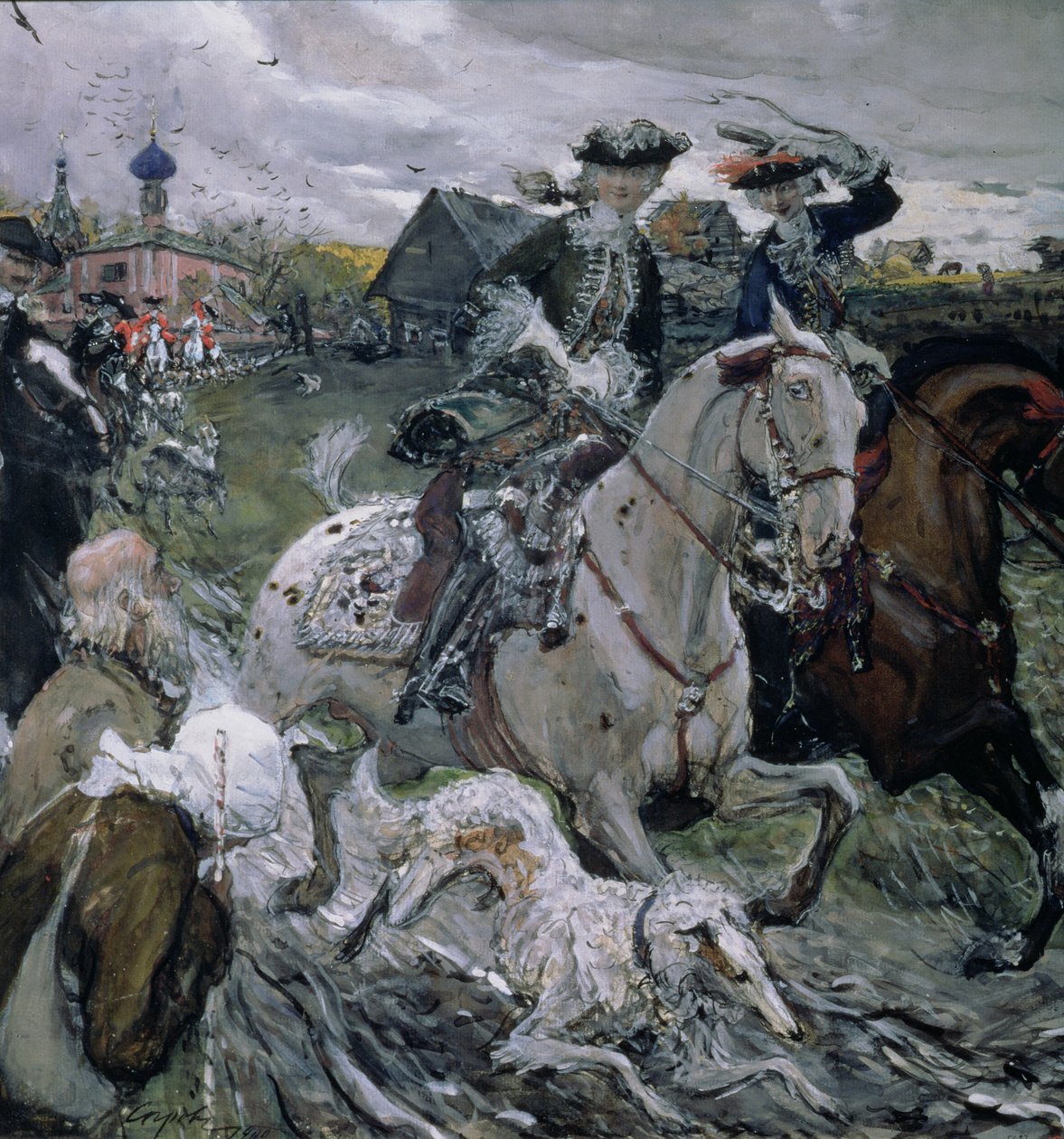 Peter II (1715-30) och tsarevna Elizabeth (1709-62) Jakt, 1900 (tempera und gouache på papper) av Valentin Aleksandrovich Serov