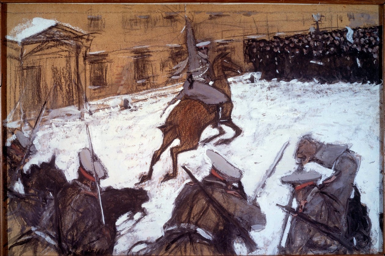 Röda söndagen (Bloody Sunday) i S:t Petersburg: "Militärt förtryck under 1905 års demonstrationer i S:t Petersburg" Tsar Nikolaj II:s kavalleri går till attack mot de grevister som fredligt kom för att protestera framför Vinterpalatset den 22 januari 1905. av Valentin Aleksandrovich Serov