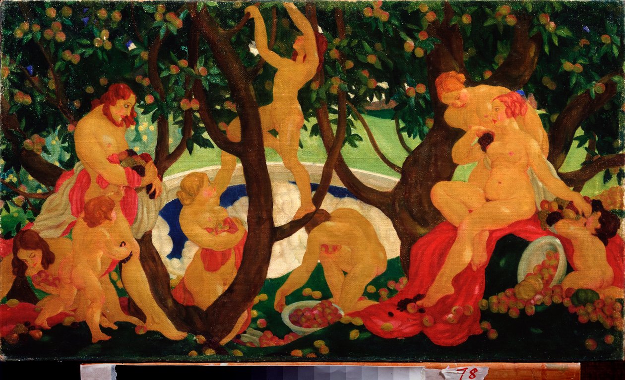 Sharing Apples (Gathering Aple) - Målning av Valentin Alexandrovich Yakovlev (1887-1919), olja på duk av Valentin Alexandrovich Yakovlev