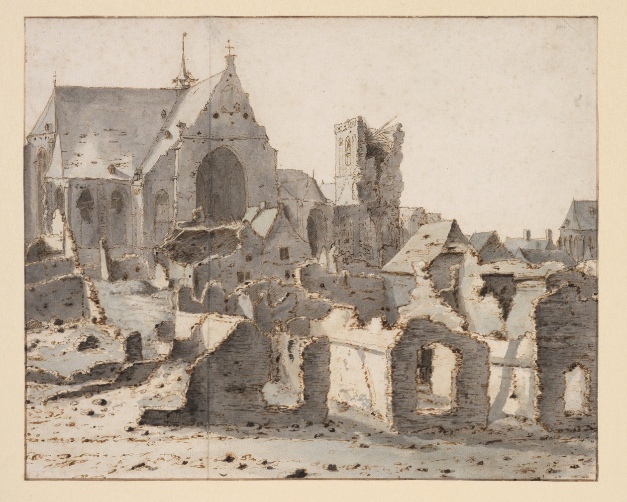 Utsikt över grav på Maas efter en belägring, 2 mars 1675 (grafit, penna och brunt bläck, gråblått tvätt på papper) av Valentin Klotz