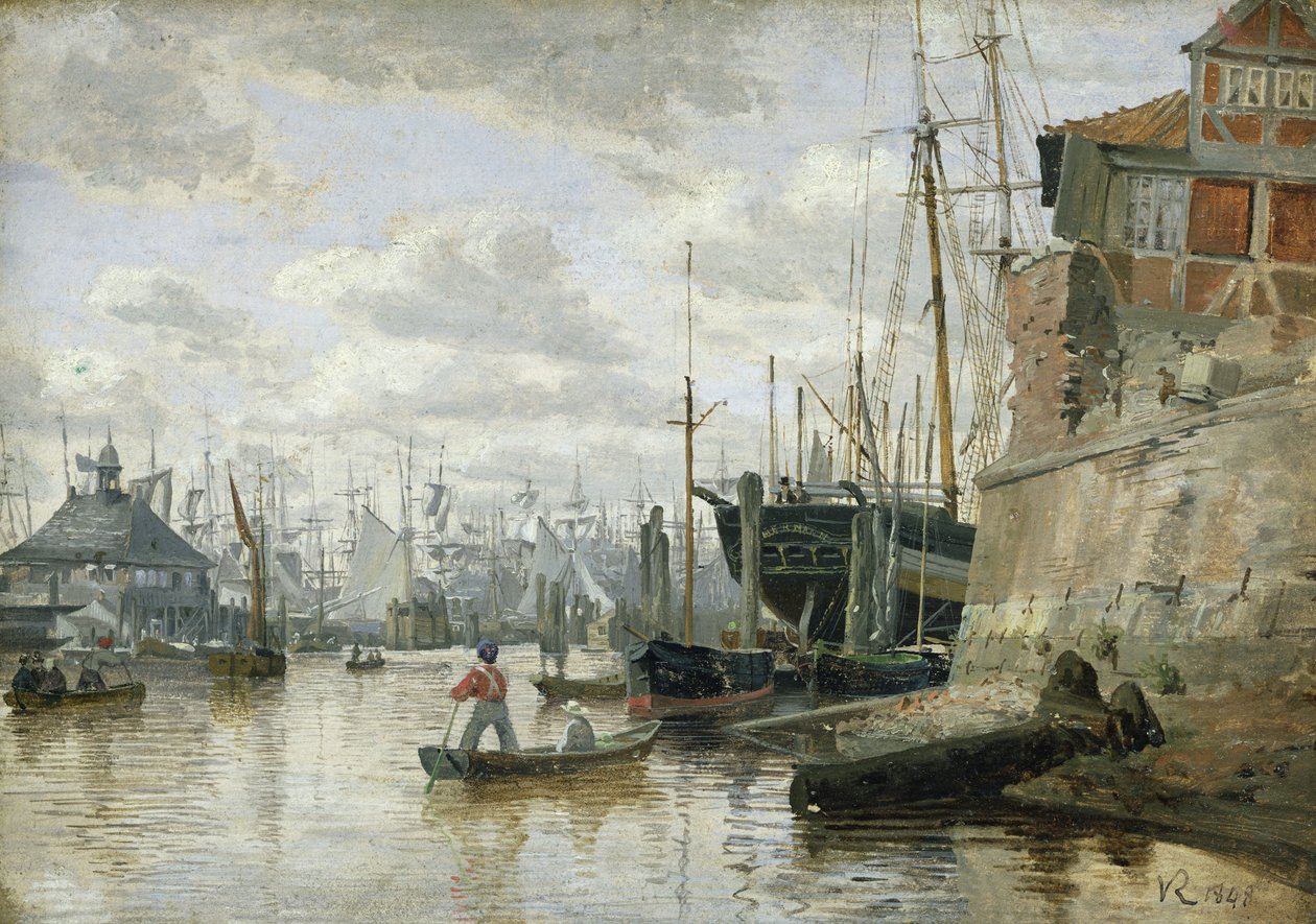 Timmerstugan vid Hamburgs hamn, 1848 (olja på papper ombord) av Valentin Ruths