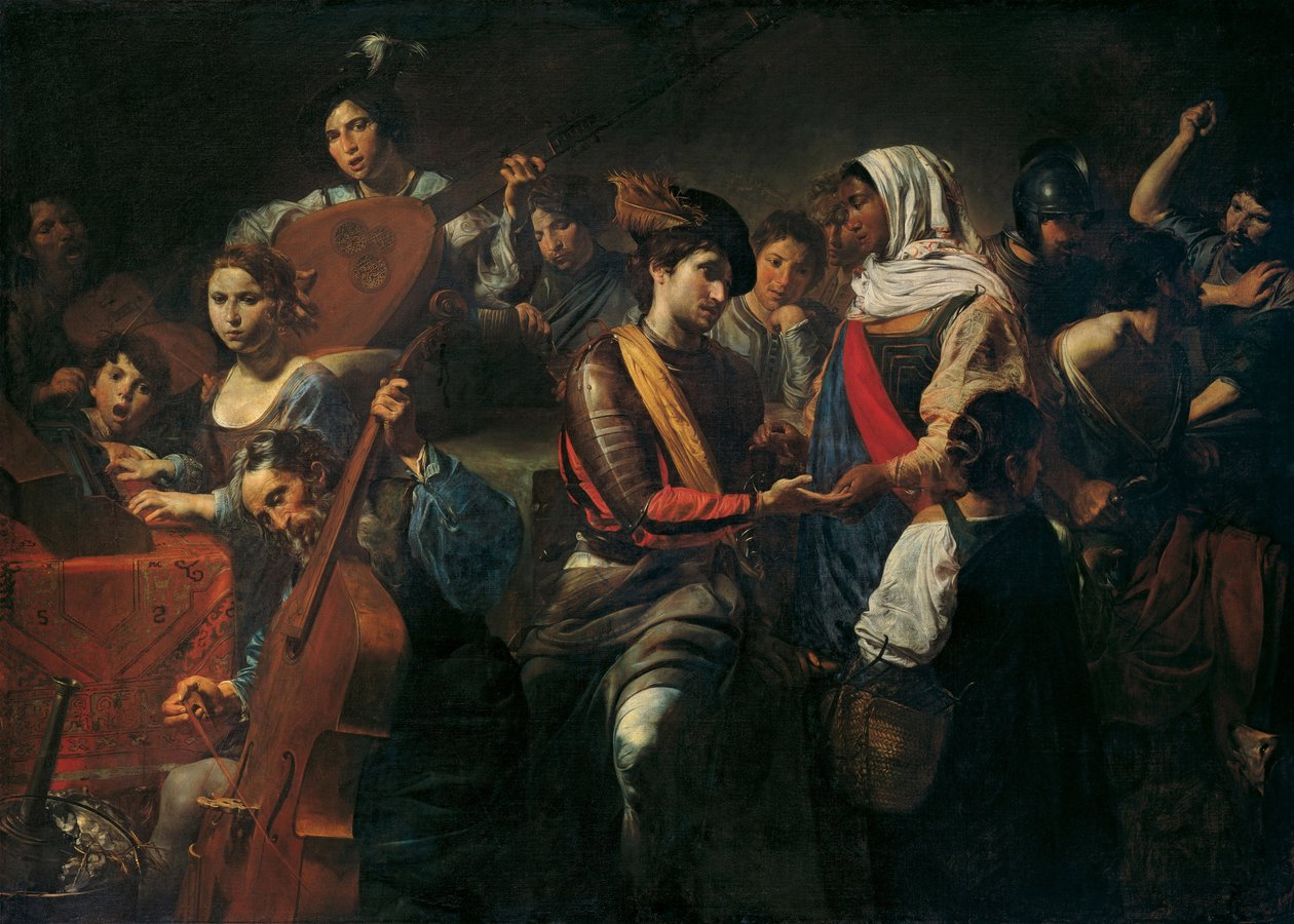 Glad sällskap och spåkvinna. (Merry Company With Fortune Teller). Genrescen i en krog, komposition med musiker (fiol, cello, klaviatur och lut), män vid bordet som förbereder sin drink, spåkvinnan av Valentin de Boulogne