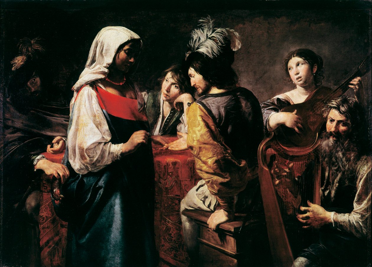 Spåkvinnans målning av Jean Valentin de Boulogne (1594-1632) Mått 125 x 175 cm Paris, Louvren av Valentin de Boulogne
