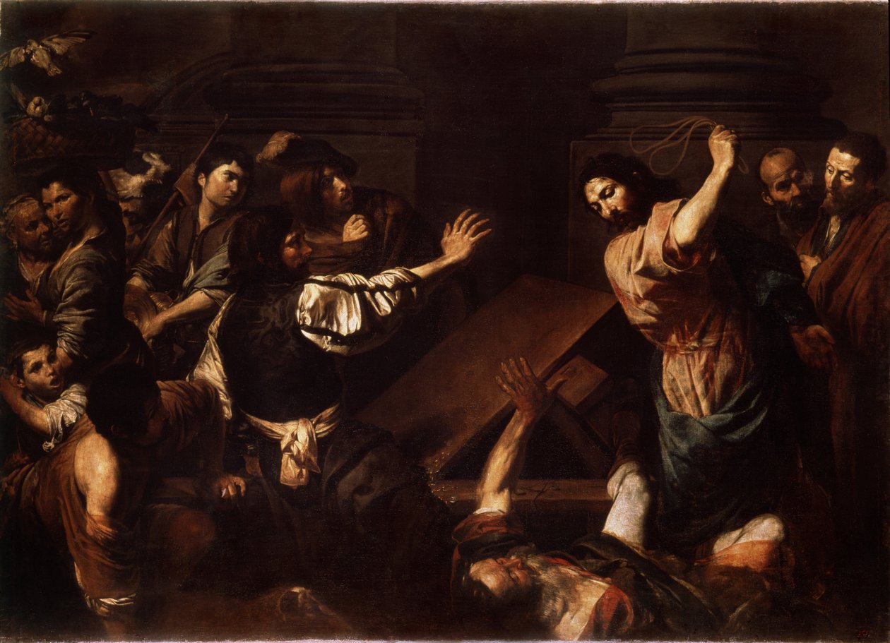 "Christ Driving the Money Lenders from the Temple" (Christ Driving the Money Lenders from the Temple) Målning av Valentin de Boulogne (1591-1632) 1620-1625 Mått 192x266,5 cm Eremitagemuseet, Sankt Petersburg av Valentin de Boulogne