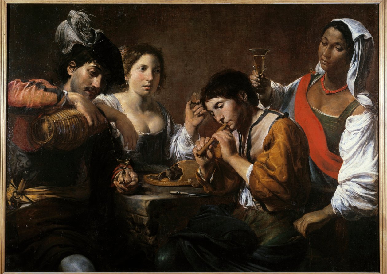 Möte i en kabaré Målning av Valentin de Boulogne (1591-1632) 1600-talet sön. 0,96x1,33 m av Valentin de Boulogne