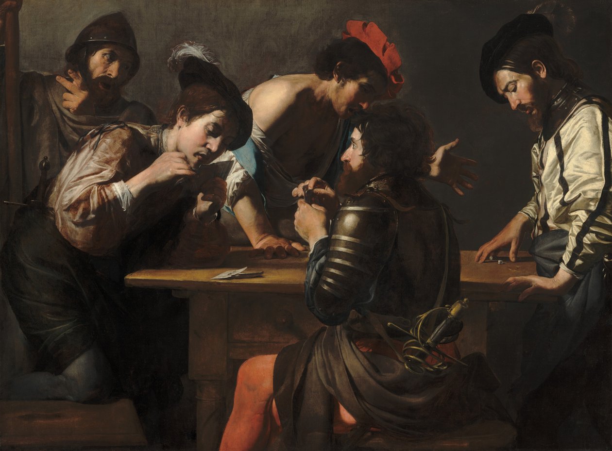 Soldater som spelar kort och tärningar Fusken, ca. 16181620. av Valentin de Boulogne